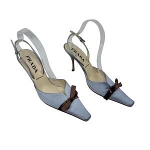 Prada Blue Satin Vintage Slingback Heels 37.5 Brown Bow Square Toe Pumps